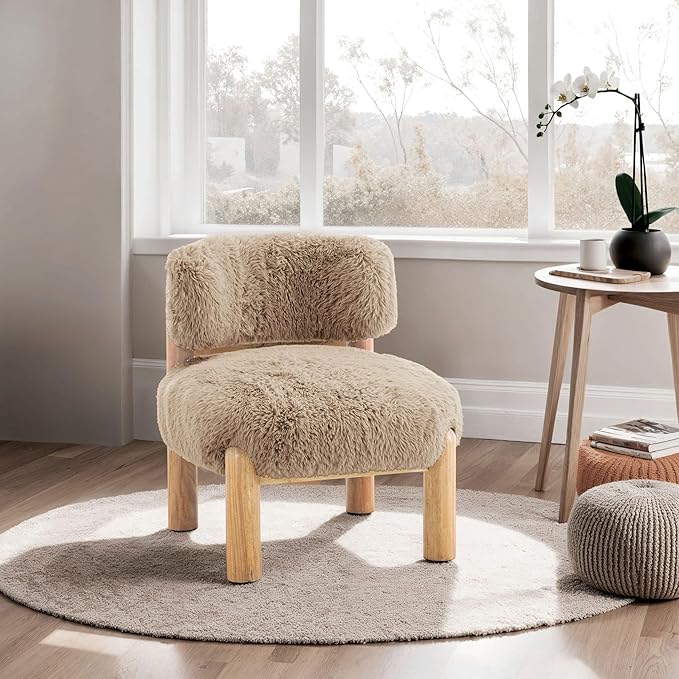 HOMES: Inside + out Ivo Modern Accent Chair with Furry Upholstery and Round Legs Comfy Sofa for Corner Living Room Bedroom Reception Room Light Brown