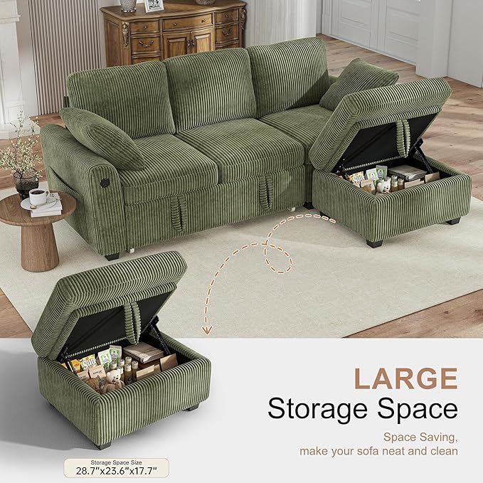 Hanherry 81 Sectional Couch with Pull Out Sofa BedCorduroy Sleeper Sofa with Storage Ottoman &amp USB ChargingComfy L Shaped Modular Couches for Living RoomApartment | USB charging port side poc