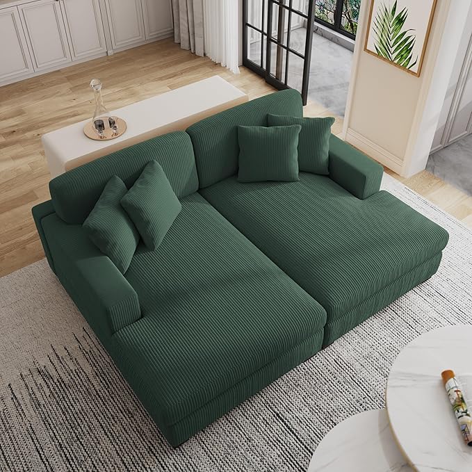 82.6 W Oversized Double Chaise Lounge Sofa Couch Comfy Corduroy Sleeper Sofa Bed with Deep Seat Modern Upholstered Cloud Couch with Pillows for Living Room Hunter Green