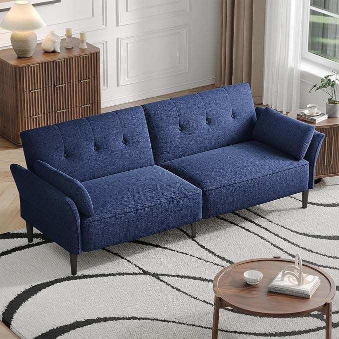 89” Futon Sofa BedComfy Futon Couch Bed with 2 Square PillowsConvertible Sleeper Sofa with Adjustable Backrest&amp Armrests Modern Loveseat Sleeper for Living Room Bedroom Linen Blue