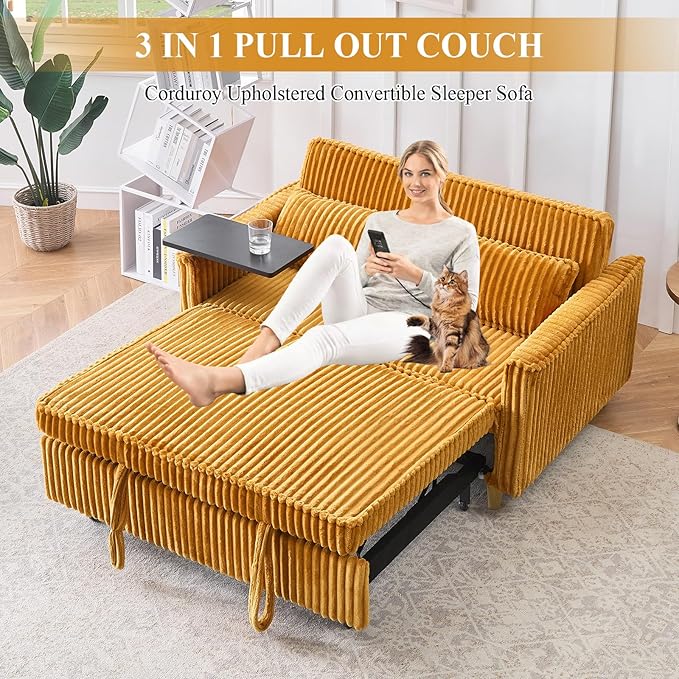 3 in 1 Pull Out CouchCorduroy Upholstered Convertible Sleeper Sofa Bed with Movable Side Table Modern Multifunctional Sofa with USB Port Cushioned Couch for Living Room (Yellow)
