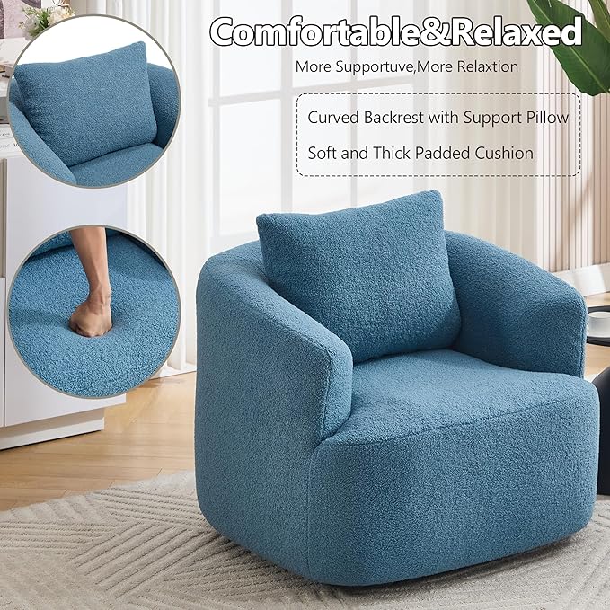 KEIKI 37.4 Oversized 360 Degree Swivel Chair Large Barrel Chairs Upholstered Round Swivel Chair Teddy Fleece Single Sofa Armchair Sleeper Couch for Living Room Lounge Blue