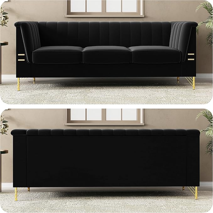 83.46 W Black Velvet Sofa Couch with Metal Gold Legs 3-Seater High Arm Upholstered Sofa for Living Room Bedroom Office (Black)