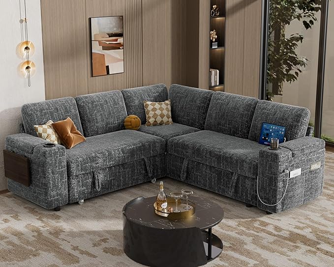 Vipbear 86 Modular Sectional Sleeper Sofa with Pull Out Bed 5 Seat Chenille L Shaped Couch with USB Ports|Cup Holders|Side Table|Storage Seat Armrests Tool Free Assembly Grey