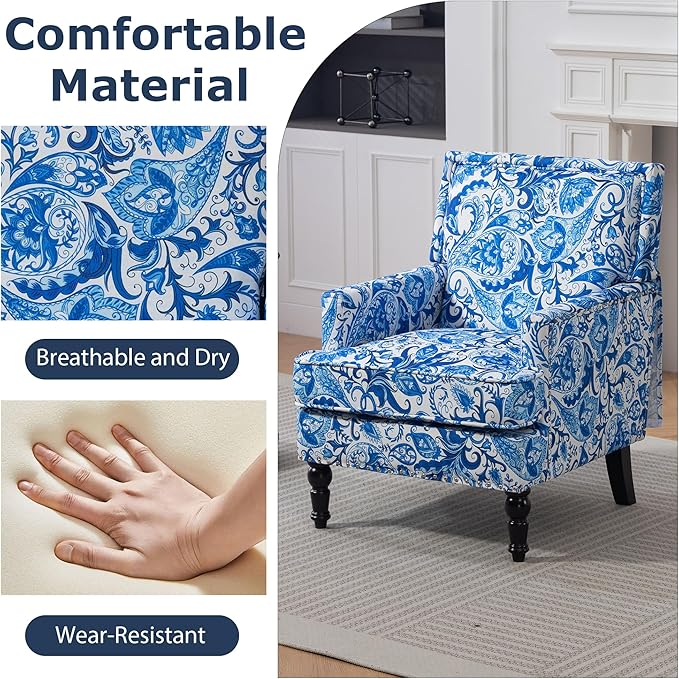 Accent Chair Modern Comfy Mid-Century Anthropologie Accent Chairs Linen Upholstered Wingback Lounge Arm Chair with Solid WoodSingle Floral Pattern Chair for Living Room/Balcony/Bedroom