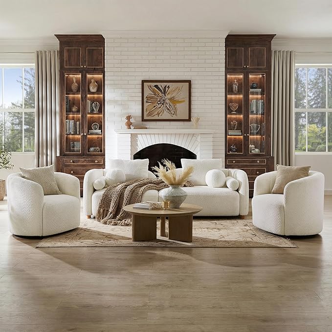 Swivel Accent Chair No Assembly Required Upholstered Boucle Fabric Barrel Chair for Living Room Beige