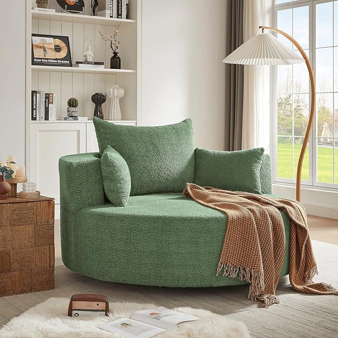 Antetek 360-Degree Swivel Accent Chair Oversized Modern Comfy Chenille Round Swivel Chaise Lounge Sofa Chair with Backrest Cushion &amp 2 Throw Pillows for Living Room Bedroom Office Green
