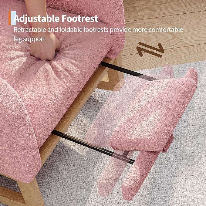 GarveeHome Nursery Rocking Chair with Adjustable Footrest Teddy Fleece Upholstery Sturdy Wooden Legs &amp High Backrest Comfortable Glider Rocking Chair for Living Room or Bedroom Pink