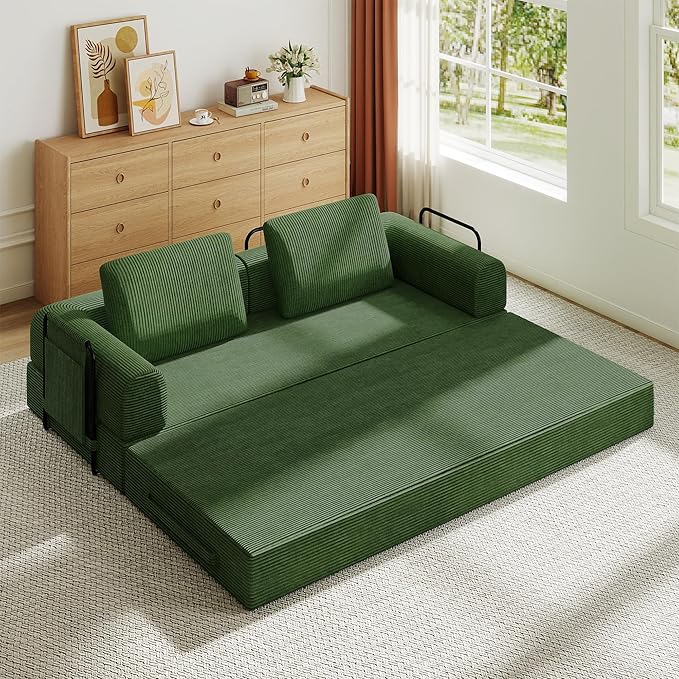 KEIKI 79 Corduroy Sleeper Sofa Bed with Fixed Frame Convertible Folding Couch with Cylindrical Pillow Space-Saving 3-Seat Furniture for Studio Apartment Living Room Modern Green