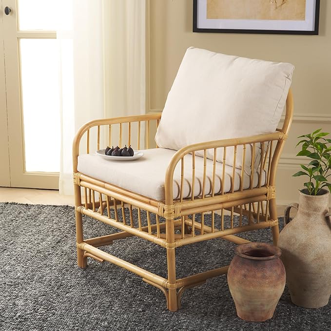 SAFAVIEH Home Collection Reiley Tropical Coastal White/Natural Accent Chair with Cushion (Fully Assembled)