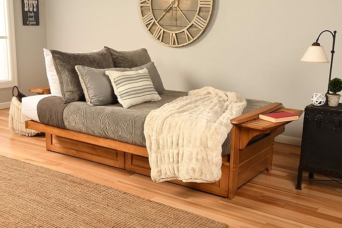 Kodiak Furniture Phoenix Full Size Futon in Butternut Finish with Storage Drawers Linen Cocoa