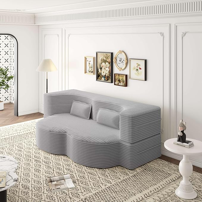 78 inch Memory Foam Couch Sofa Bed Convertible Folding Velvet Chenille Lazy Lounge Floor Full Size Sofabed Sleeper Couch for Small Living Room Apartment No Assembly (Light Grey Corduroy)