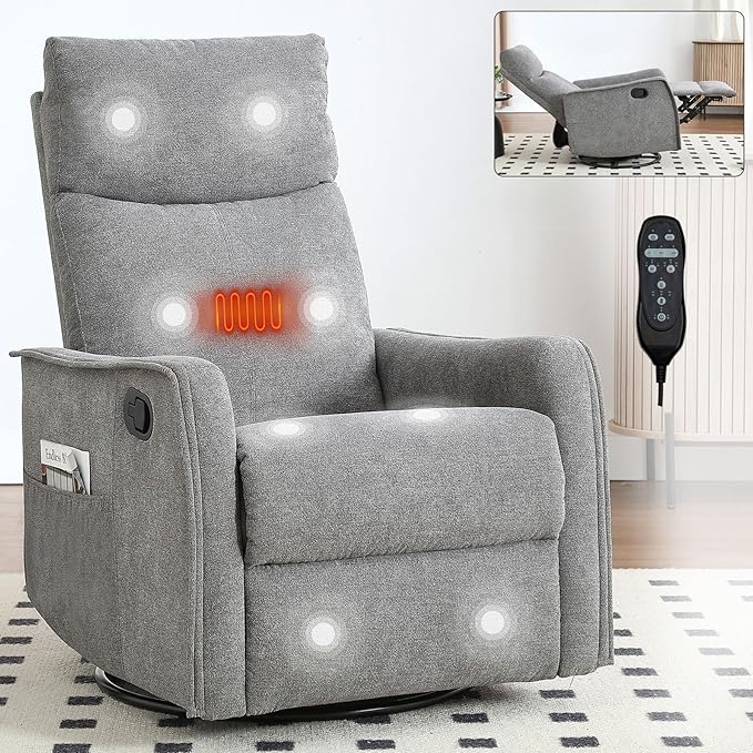 Heated Massage Recliner Chairs for Adults Swivel Rocking Chair Recliner with High Back Small Recliner Chair for Small Spaces Manual Lazy Boy Recliners for Living Room Pockets Fabric (Grey)