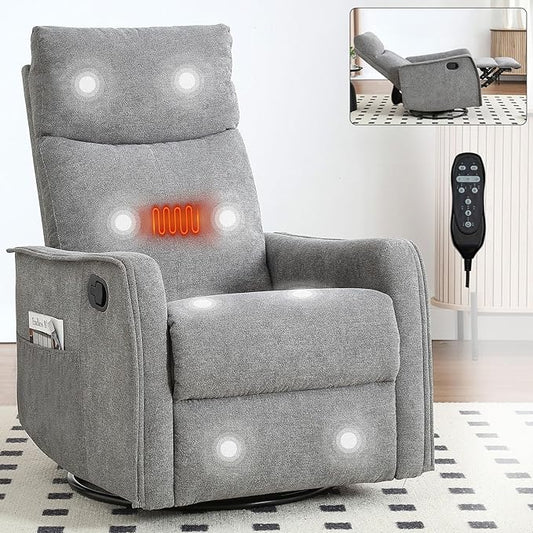 Heated Massage Recliner Chairs for Adults Swivel Rocking Chair Recliner with High Back Small Recliner Chair for Small Spaces Manual Lazy Boy Recliners for Living Room Pockets Fabric (Grey)