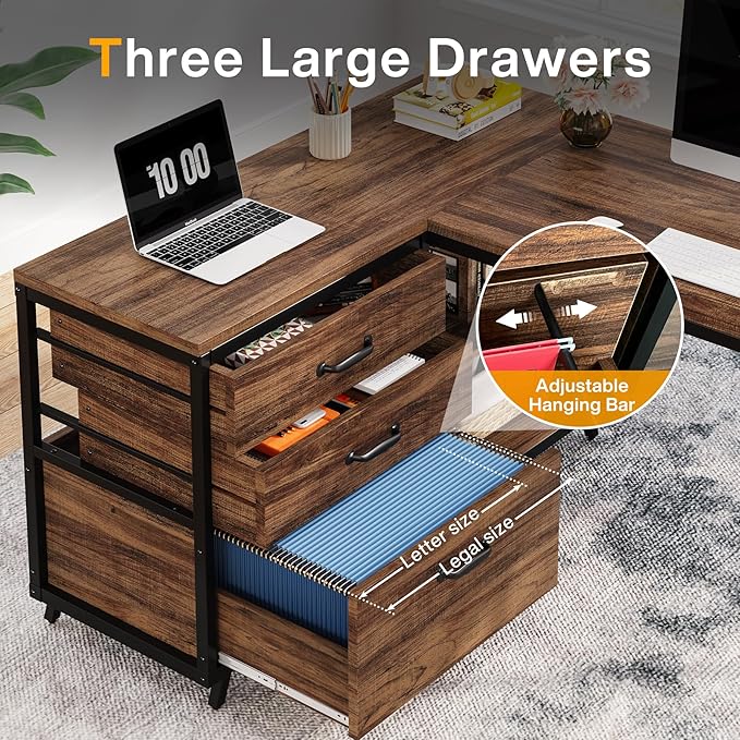 Tribesigns L-Shaped Computer Desk with 3 Drawers Reversible Corner Home Office Desk with Shelves 53-Inch Industrial PC Desk Study Writing Table Workstation for Small Space Rustic Brown