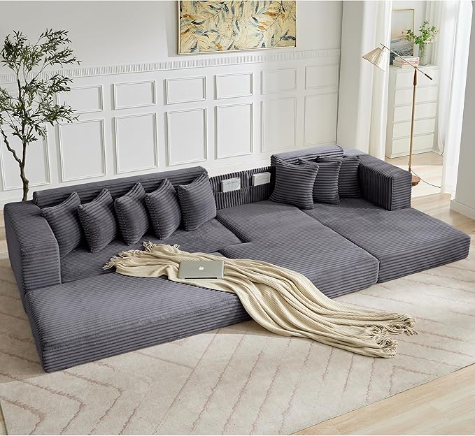 L Shaped Modular Cloud Couch with 8 Pillows Modern Corduroy Boneless Sectional Sofa with Large Chaise for Living Room Office Studio Flat Right Facing Chaise Compressed Sofa (Dark Grey)