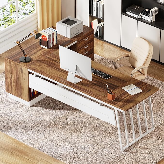 Tribesigns 71-Inch Executive Desk L-Shaped Desk with Cabinet Large Office Desk with Drawers and Storage Shelves Writing Table Computer Desk for Home Office Brown and White