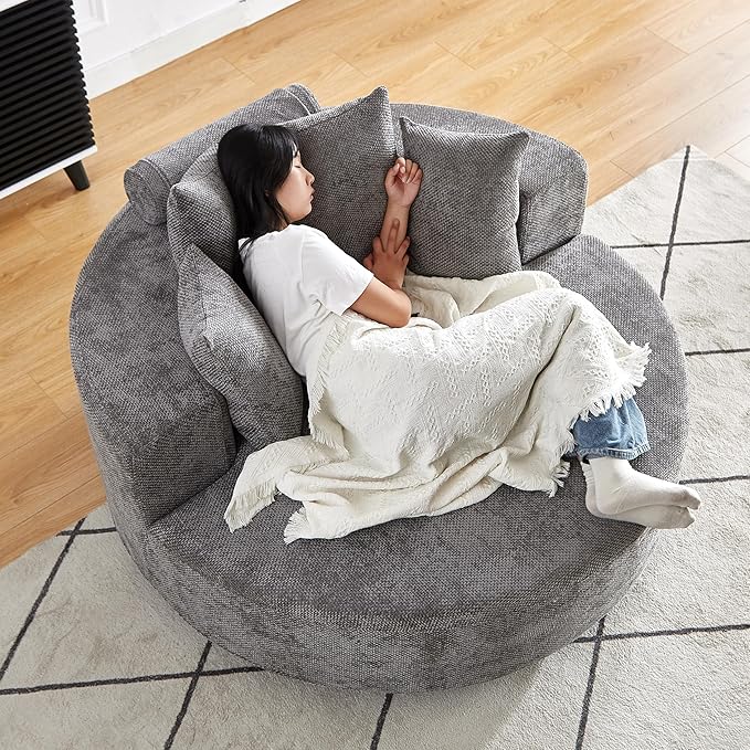 360° Oversized Swivel Chair Modern Circle Round Lounge Chair with Deep Seat Comfy Back Cushion &amp 2 Throw Pillows for Living Room Bedroom Office Light Grey Chenille