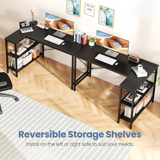 DUMOS L Shaped Desk 47 Inch Computer Desk Gaming Furniture Corner Desks Home Office PC Table with Reversible Storage Shelves for Writing Working Study Bedroom Dorm Black