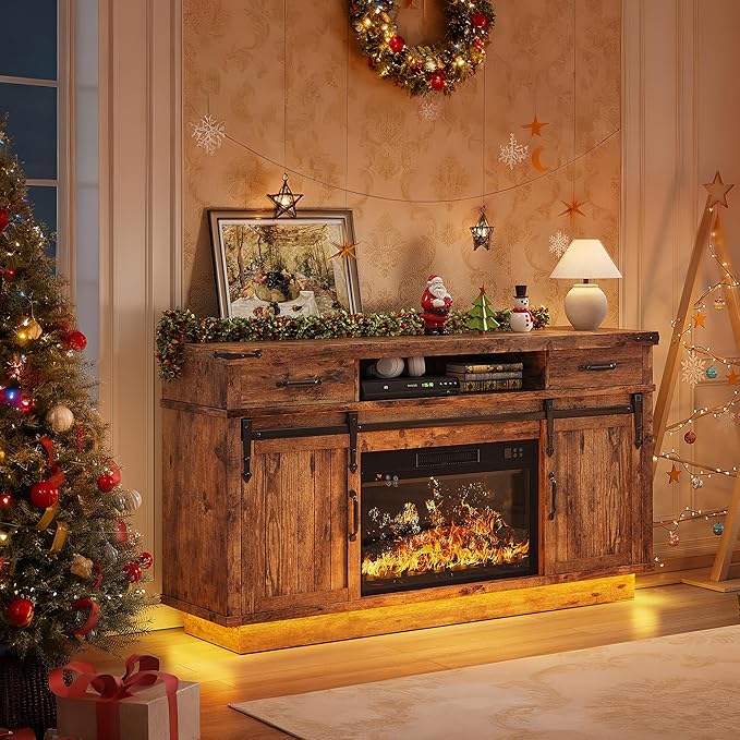 Fireplace TV Stand for TVs up to 65 Electric Fireplace with 3D Flame Farmhouse LED Light Entertainment Center TV Console with with 2 Drawers Sliding Barn Door for Living Room - Brown