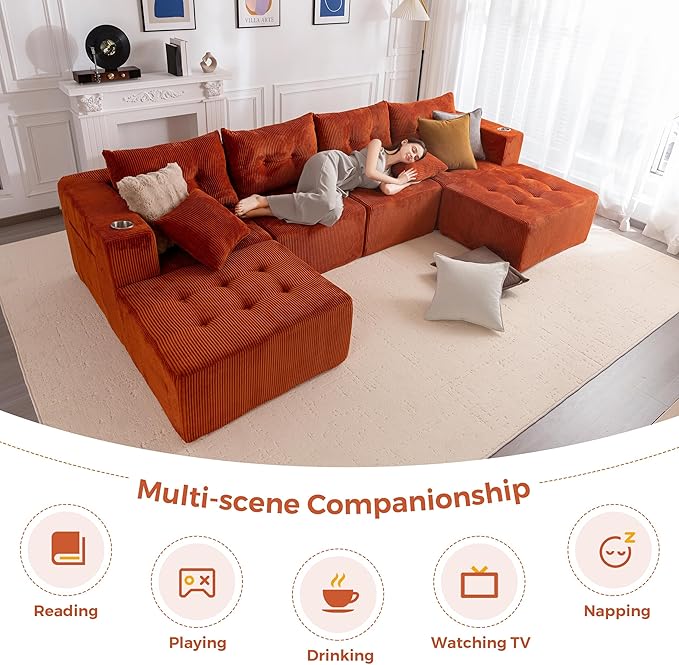 MAXYOYO 129.5 Modular Sectional Sofa Couch U Shaped Modern Cloud Couch with 2 Ottomans Sofa in A Box Tufted 6-Seat Boneless Sleeper Chair for Living Room No Assembly Required Orange