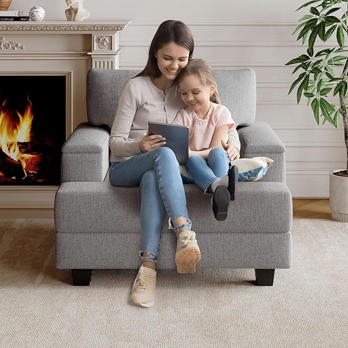 Oversized Accent Chair with Storage ArmrestComfy Living Room Chairs with 7.8'' CushionUpholstered Linen ArmchairReading Accent Chairs For Bedroom Living RoomSingle Sofa ChairDark Gray