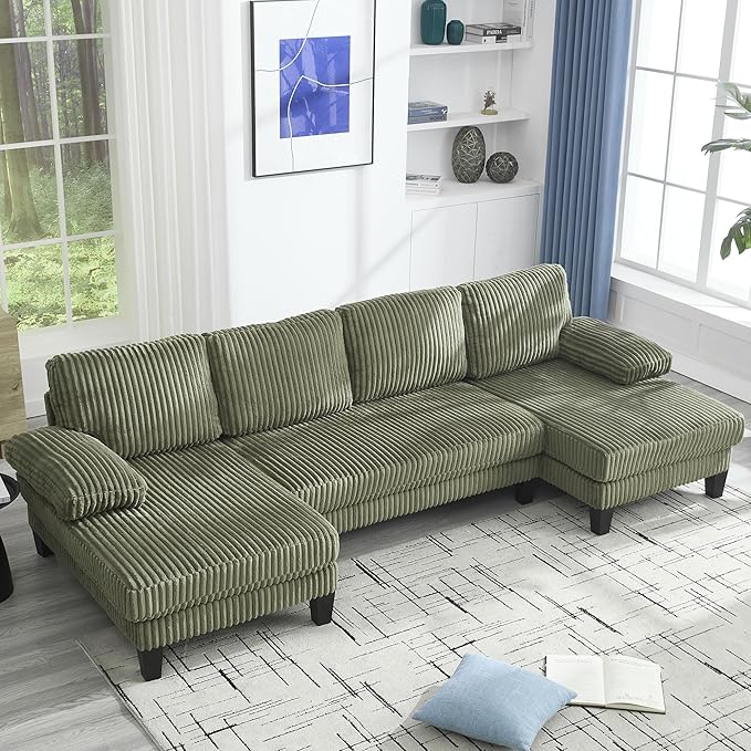 114.2 Beige Sectional Couches for Living Room U Shaped Couch with Double Chaise Modern Comfortable Plush Corduroy 4-Seat Cloud Sofa Set with Chenille Fabric for Home Furniture (Green)