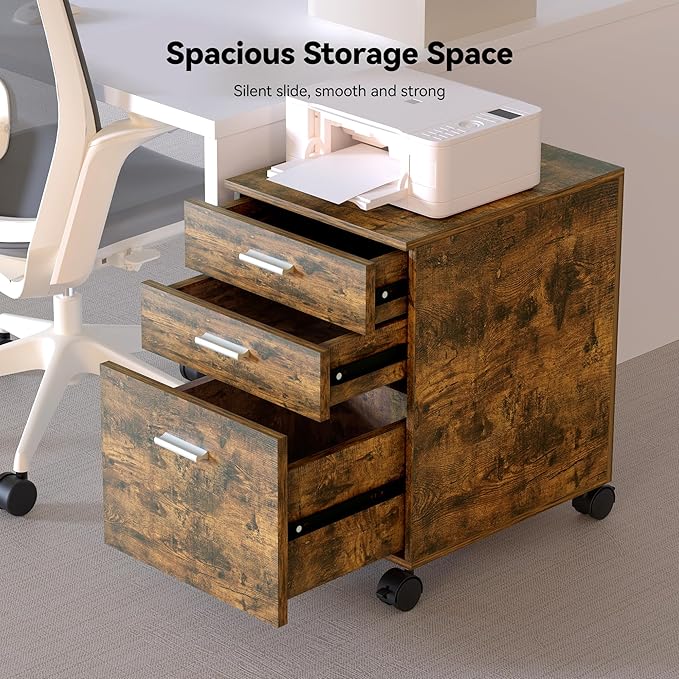 3 Drawer File Cabinet with WheelsPreassembled Rustic Brown Wood OrganizerMultifunctional for Home OfficeMobile Printer Stand Storage19 L x 16 W x 22 H