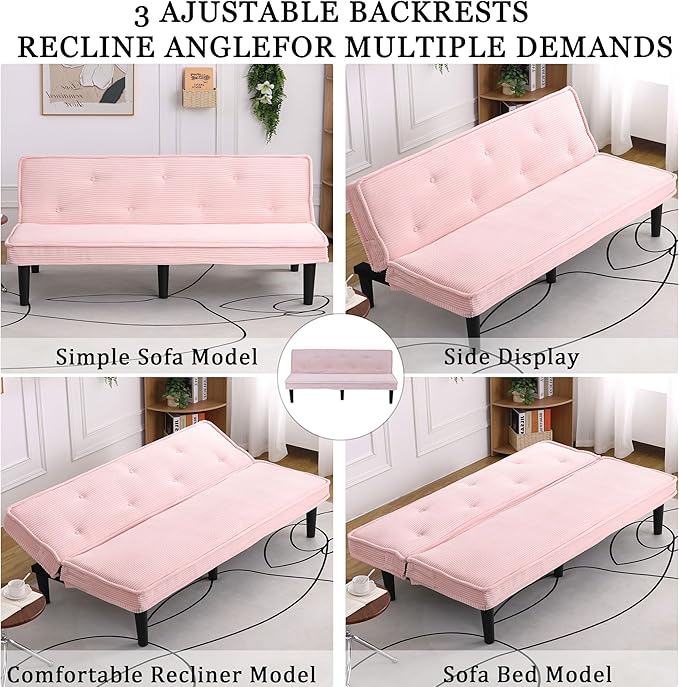66” Armless Corduroy Sofa Bed 2-in-1 Convertible Sleeper Sofa with Tufted Back Soft Skin-Friendly Fabric Small Futon for Apartments Living Room Bedroom (Pink)