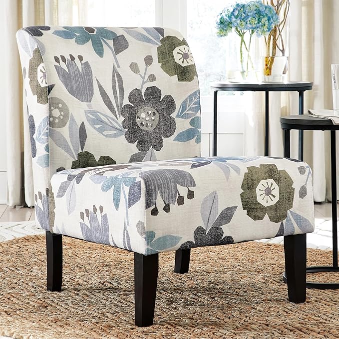Signature Design by Ashley Triptis Floral Armless Accent Chair with Attached Cushions Fabric Upholstery Wood Legs 16.63 Seat Height White Blue &amp Gray