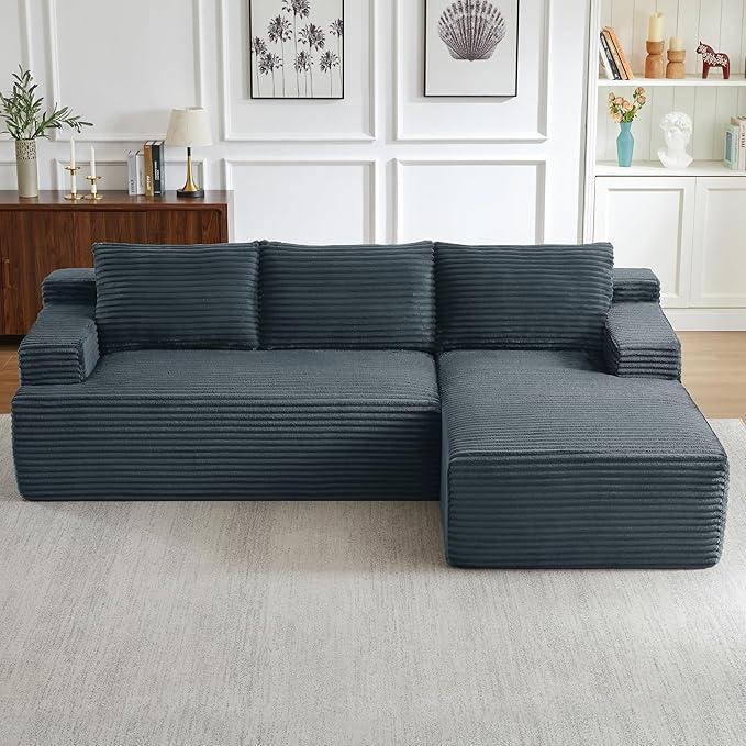 Modern Corduroy Modular Sectional Sofa96.1 Minimalist Style L-Shaped 3 Seat Couch with Side Storage PocketsComfortable Chaise Lounge For Living RoomReception AreaDark Grey Right Chaise Lounge