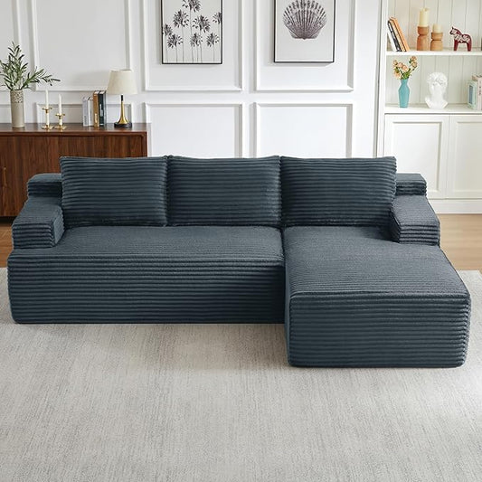 Modern Corduroy Modular Sectional Sofa96.1 Minimalist Style L-Shaped 3 Seat Couch with Side Storage PocketsComfortable Chaise Lounge For Living RoomReception AreaDark Grey Right Chaise Lounge