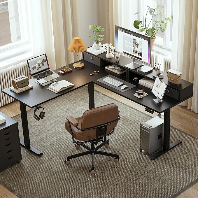Agilestic L Shaped Electric Standing Desk with 2 Drawers 63 Inch Ergonomic Adjustable Height Desk with Storage Corner Desk Sit Stand up Computer Table for Work Office Home Black