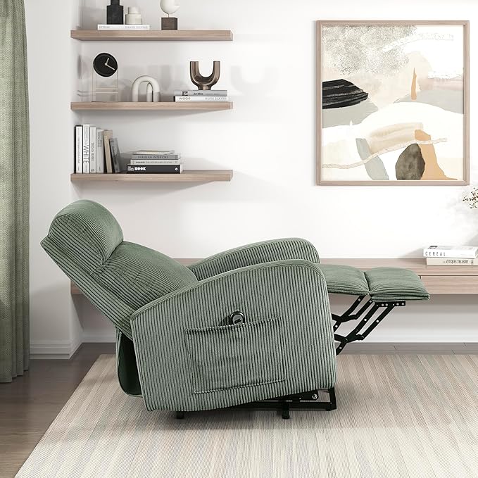 Lexicon Power Lift Recliner Chair for Elderly with Remote Control Gentle Lift Motion Side Pocket Armrest Corduroy Upholstered Electric Recliner for Living Room/Bedroom Easy Assembly Green