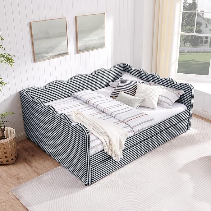 Cozy Gingham Daybed with 2 Drawers Queen Size Sofa Bed No Box Spring Needed with USB Port and Adorable Wave Shaped Linen Fabric Navy (Navy Blue+Queen+2 Drawers)