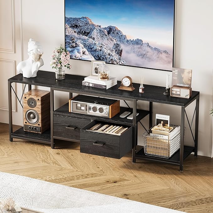 Homeiju TV Stand for TVs up to 75 Inch Entertainment Center with Fabric Drawers TV Media Console Table with Open Storage Shelves for Living Room Bedroom Black