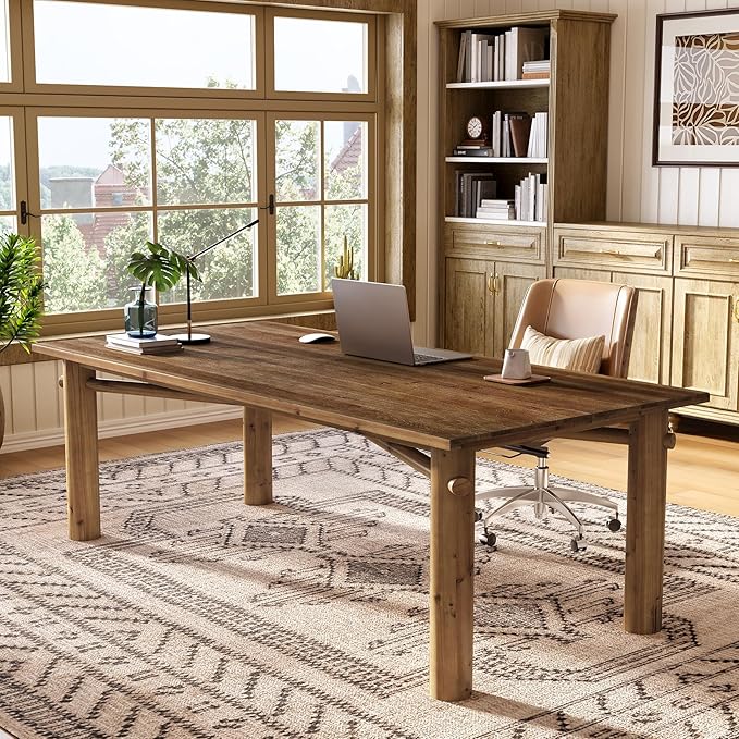 Solid Wood Home Office Desk 62.99 Large Farmhouse Executive Desk Computer Table for Office Conference Room Study Room (Brown)