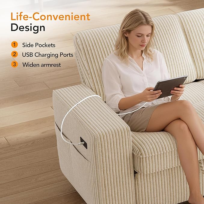 Vipbear Sectional Sleeper Couch with Pull Out Sofa Bed U Shaped Plush Corduroy Couch with Reclining Backrest &amp 2 Storages &amp USB Charging Convertible Cloud Sectional Sofa Bed for Living Room