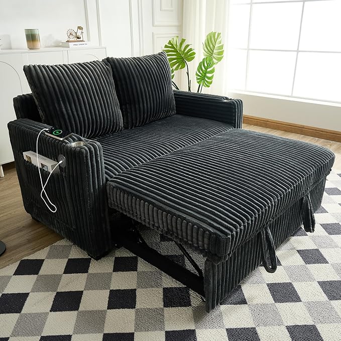Antetek Pull Out Sofa Bed Futon Convertible Modern Corduroy Loveseat Chaise Lounge Sofa Couch with USB Charging Ports &amp Cup Holders for Guest Room Living Room Bedroom Adjustable Backrest Grey