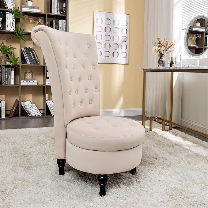 Royal High-Back Velvet Accent Chair for Vanity with Storage and Luxurious Upholstery Retro Design and Versatile Usage for Living Room Bedroom Lounge and Office Ivory