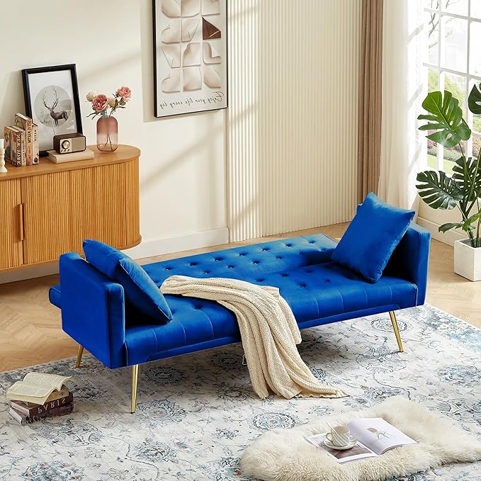 Anwick Modern Velvet Futon Sofa Bed: 72 Satin Convertible 2 Pillows Tufted Back Golden Metal Legs Folding Sleeper Loveseat for Small Space Home Office Living Room (Blue)
