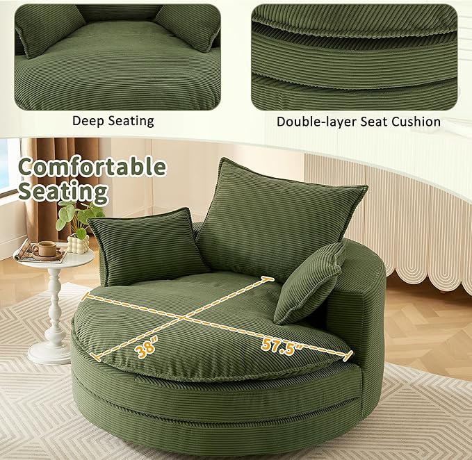 360° Swivel Accent Chair 57.5 Round Barrel Chair with Dual-Layer Cushion &amp 3 Removable Pillows for Living Room Bedroom Office Hotel Green