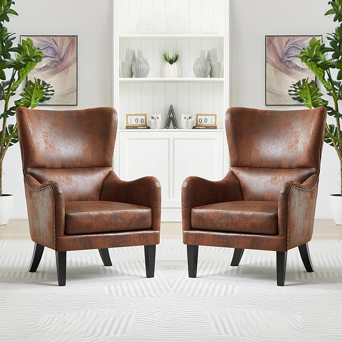 Mid-Century Modern Wingback Chairs Set of 2 Accent Club Chair with Nailhead Trim 2 Piece Faux Leather Armchair Sofa for Living Room Single Sofa Armchair Office