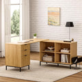 60 L Shaped Fluted Desk Computer Desk with Movable Storage Cabinet Home Office Desk with 3 Drawers Metal Legs Corner Desk for Gaming Study Natural Oak