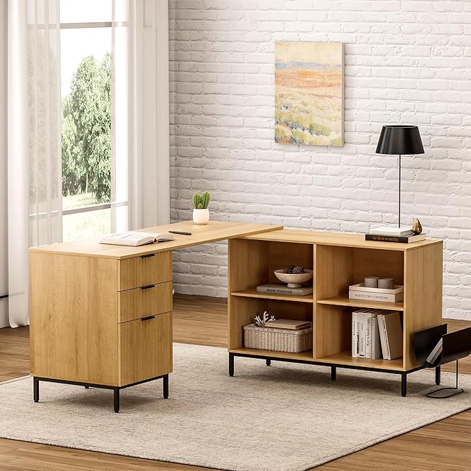 60 L Shaped Fluted Desk Computer Desk with Movable Storage Cabinet Home Office Desk with 3 Drawers Metal Legs Corner Desk for Gaming Study Natural Oak