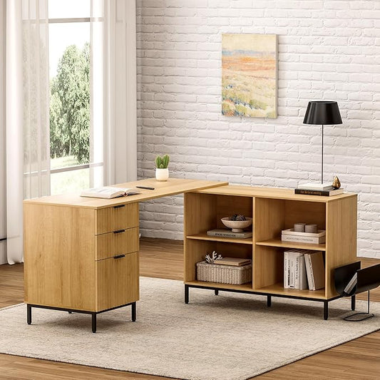 60 L Shaped Fluted Desk Computer Desk with Movable Storage Cabinet Home Office Desk with 3 Drawers Metal Legs Corner Desk for Gaming Study Natural Oak