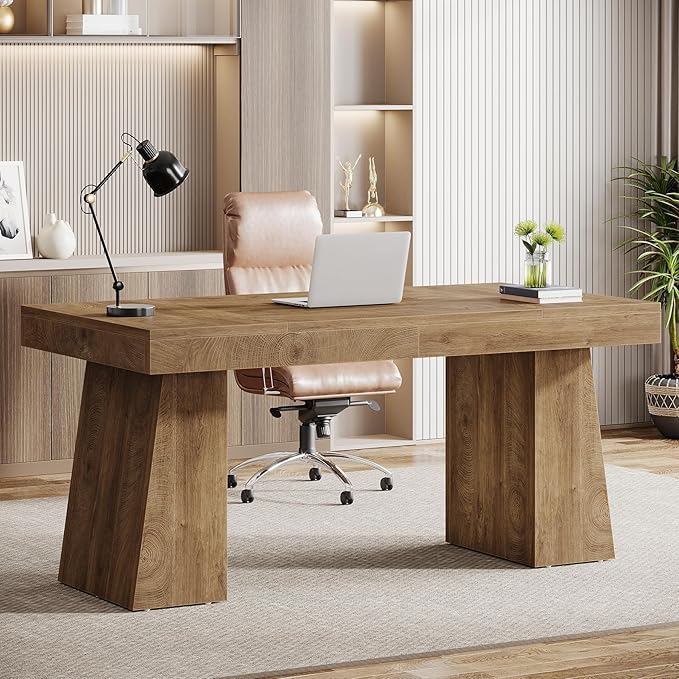 Tribesigns 55 Inches Executive Desk Mid-Century Modern Home Office Desk Wood Computer Table Business Workstation Small Conference Table Light Brown