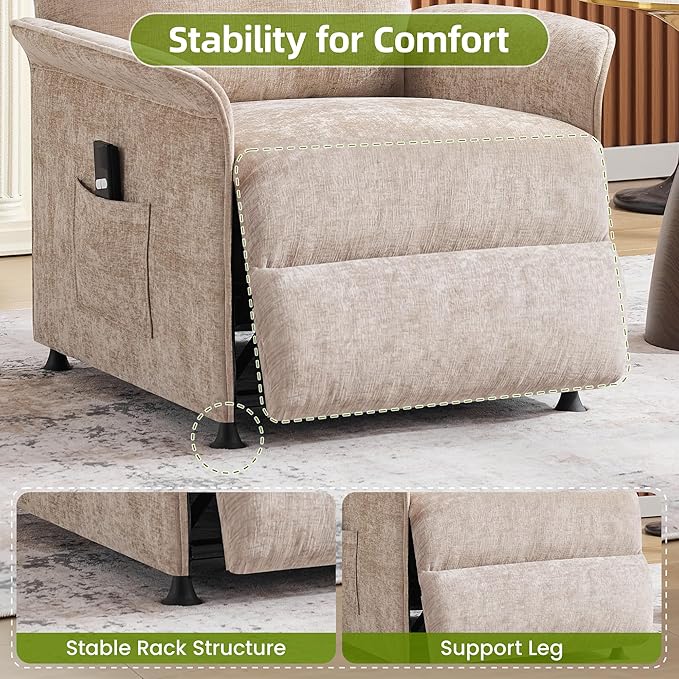 Power Recliner Chair with Remote Control 21 Wide Seat Small Recliners with Side Pocket for Adults Thick Cushions Chair for Living Room &amp Bedroom Tan