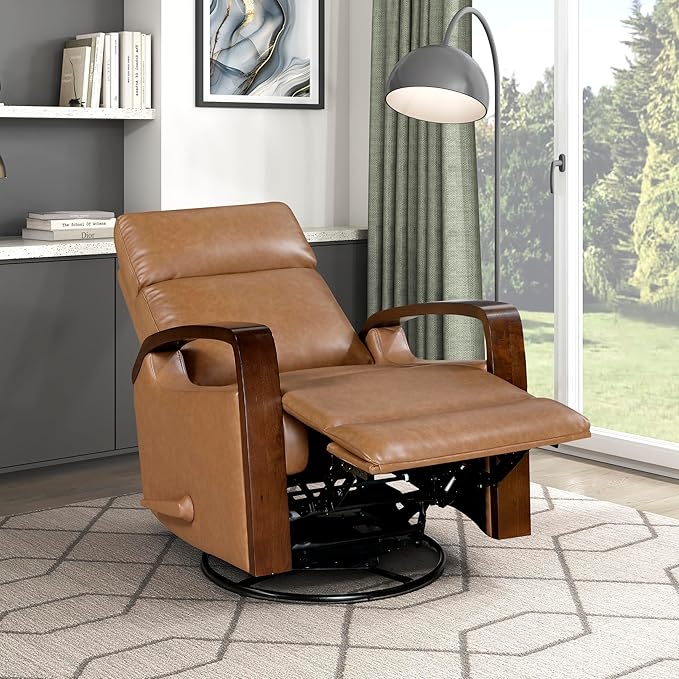 Lexicon 360 Degree Swivel Glider Reclining Chair Breathable Faux Leather Manual Recliner Comfy Nursery Glider Recliner Wood Arms Pull Handle for Living Room/Office/Bedroom/Apartment Camel Brown