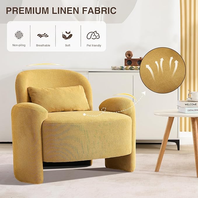LOULENS Oversized Accent Chair Modern Linen Fabric Lounge Armchair for Living Room Upholstered Comfy Reading Single Sofa Chair for Bedroom Waiting Room Corner Office Yellow